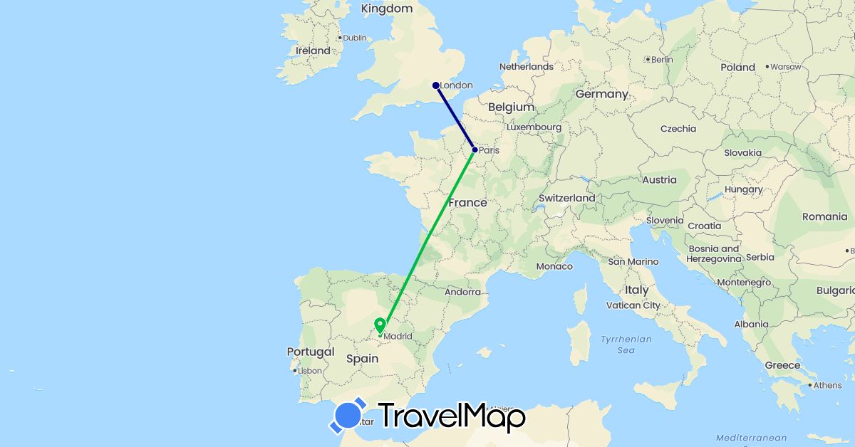 TravelMap itinerary: driving, bus in Spain, France, United Kingdom (Europe)
